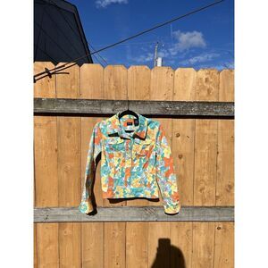 Nicole Miller Womens Floral Long Sleeve Cotton Denim Jacket 6 Orange Blue Button